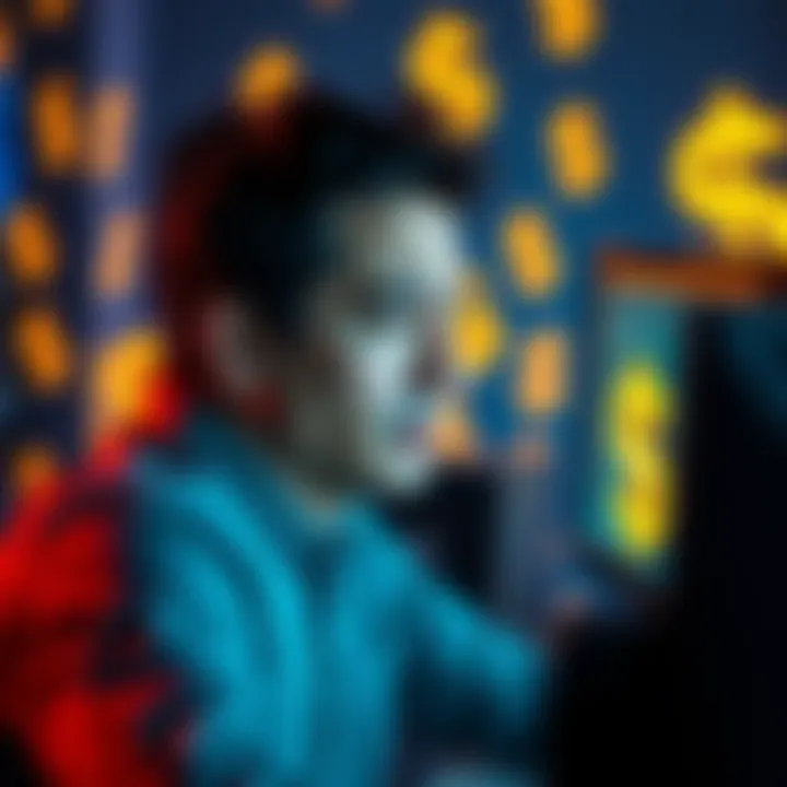 A person looking frustrated while watching ads on a computer screen, with dollar signs in the background to represent payment issues.