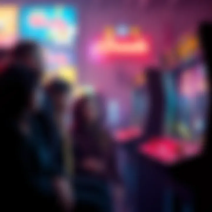 Group of players looking disappointed at arcade machines, discussing missing rewards