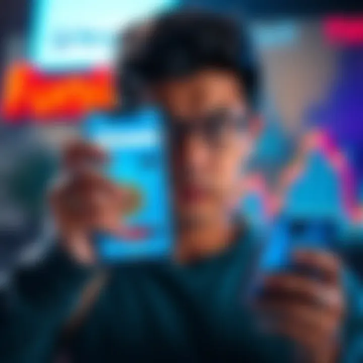 A person looking worried while holding a smartphone displaying a Bitcoin wallet app, with a graph showing declining prices in the background.