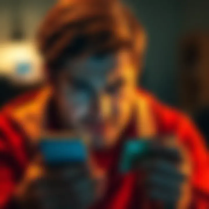 A person looking stressed while using a smartphone, showing a banking app with an account closure message on the screen.