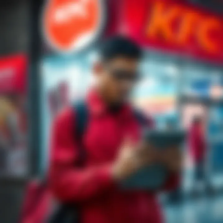 A frustrated person stands outside a KFC holding an iPad, looking concerned while checking their phone for bank updates.