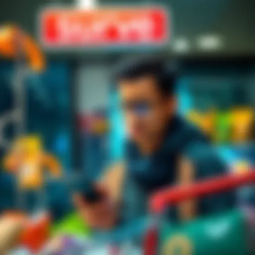 A shopper looks frustrated while trying to complete a purchase using the Curve payment app on their phone, with items in their cart and a checkout screen visible in the background.