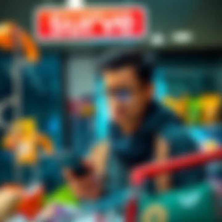 Frustrated shopper at checkout A shopper looks frustrated while trying to complete a purchase using the Curve payment app on their phone, with items in their cart and a checkout screen visible in the background.