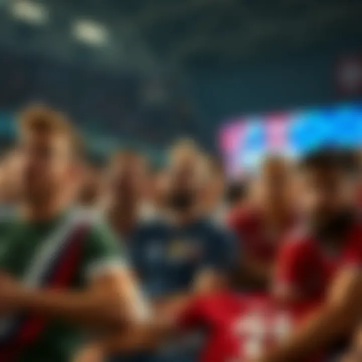 Group of soccer fans showing frustration while watching a game, with jerseys and banners in the background