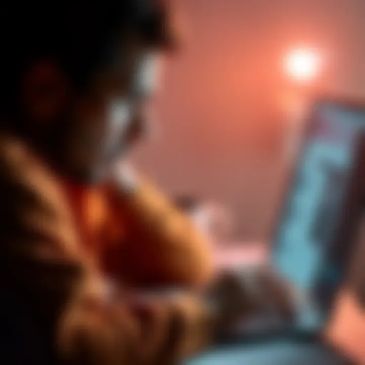 A person looking annoyed while completing a survey on a laptop, showing frustration after being screened out