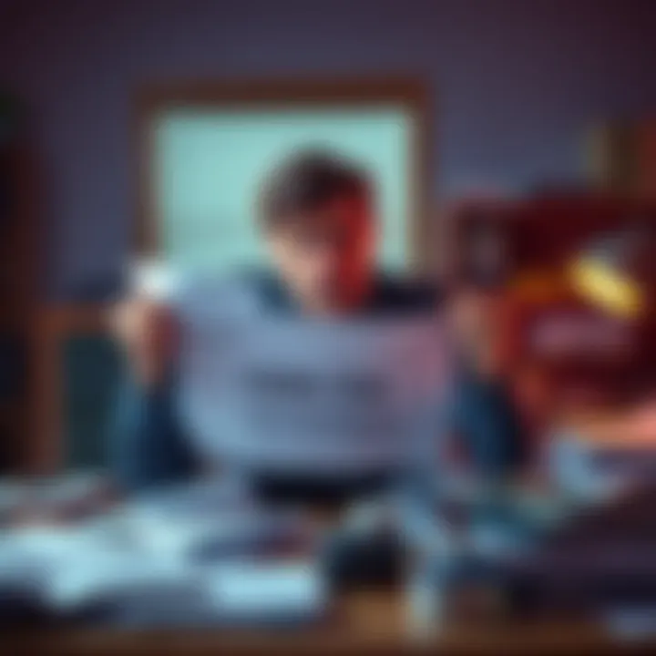 A person looking upset while holding a tax form, sitting at a desk cluttered with paperwork and a computer, showing signs of confusion and frustration.