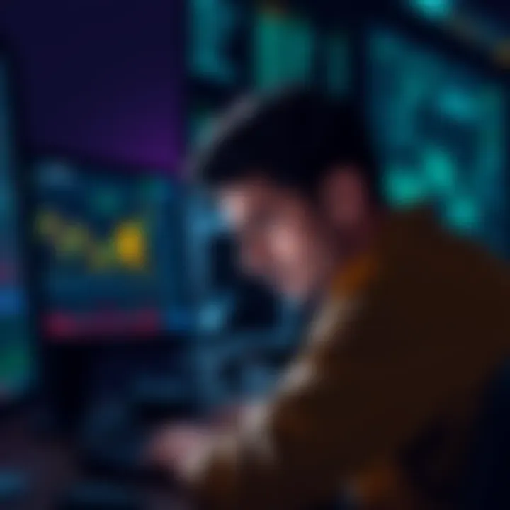 A trader looking frustrated while sitting at a computer with charts and Binance logo visible on the screen