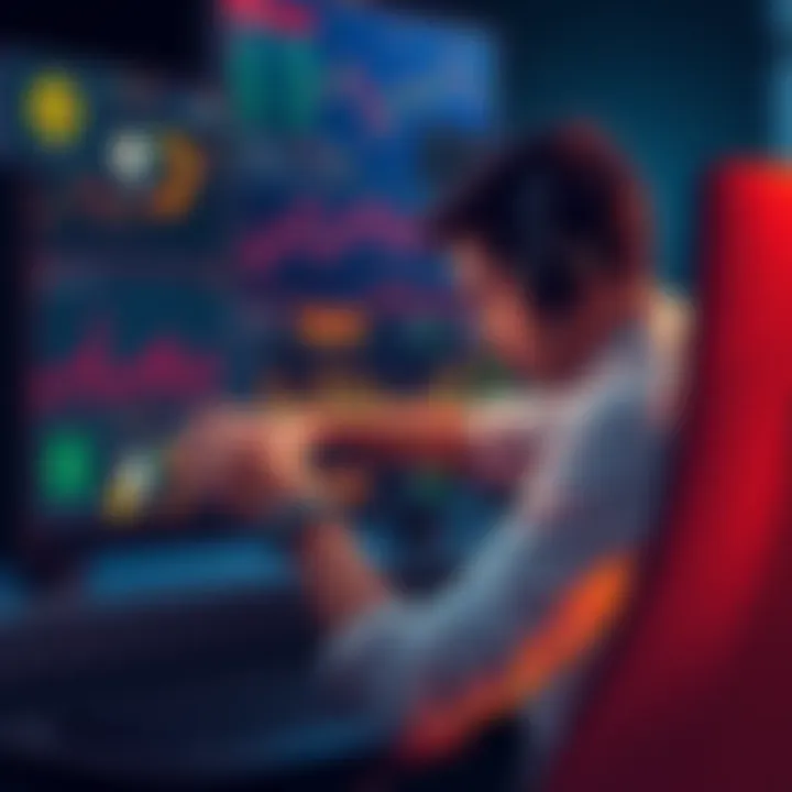 A person sitting at a computer looking stressed while monitoring decentralized finance charts and graphs, surrounded by images of tokens and gas fees.