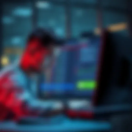 A frustrated cryptocurrency trader looking at a computer screen showing error messages on the KuCoin platform