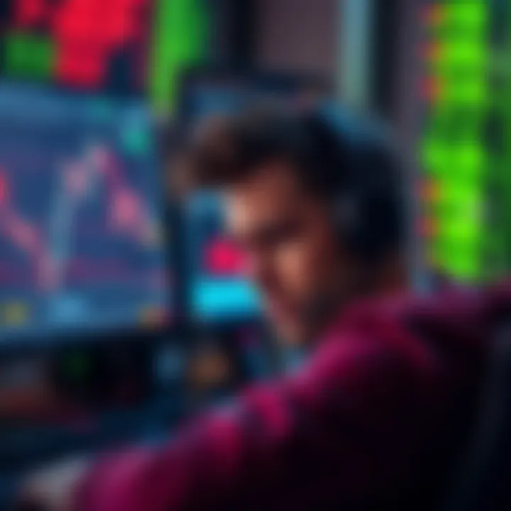 A frustrated person looking at a computer screen with trading interface and a support chatbot on display, showing signs of distress due to account restrictions.