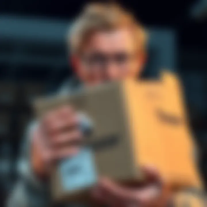 A frustrated person holding a shipping box labeled Trezor, looking confused about the shipping route from Nevada to Florida stuck in Tennessee.