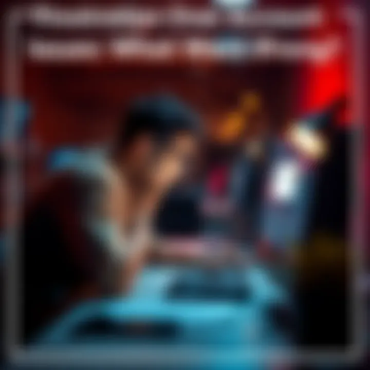 A person sitting at a desk looking frustrated while trying to create an account on a computer, with error message visible on the screen.