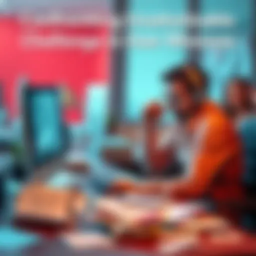 A person sitting at a desk with a computer, looking stressed while tackling difficult tasks, papers scattered around, showing frustration with unrewarding challenges