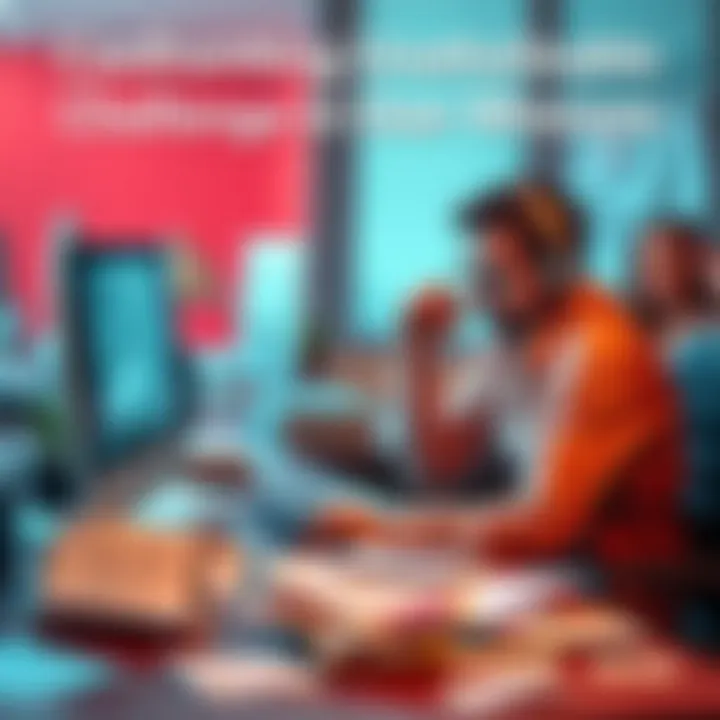 Frustrated user with challenges A person sitting at a desk with a computer, looking stressed while tackling difficult tasks, papers scattered around, showing frustration with unrewarding challenges