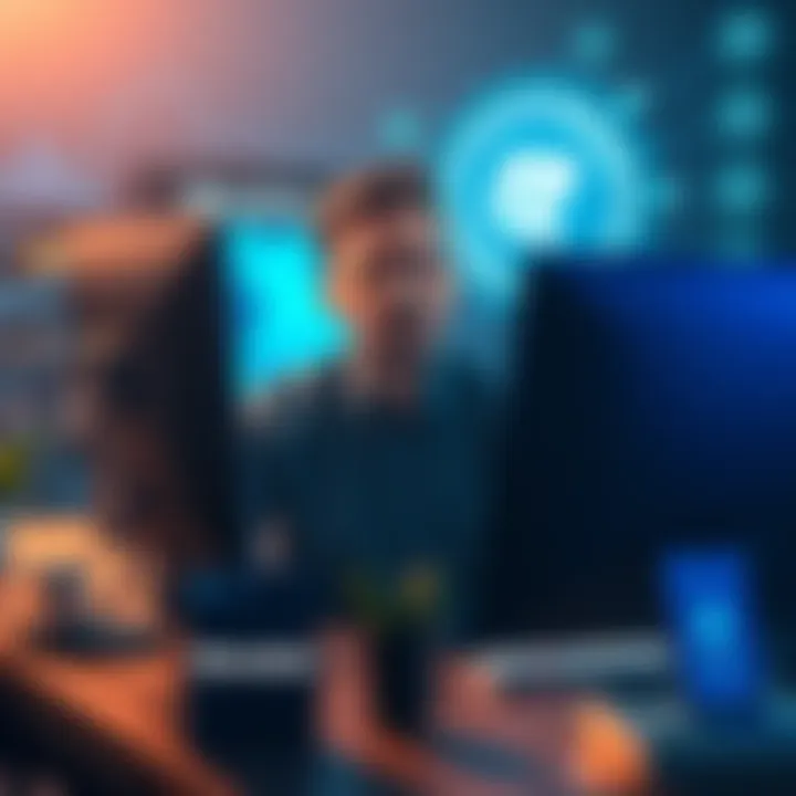 User frustrated with crypto support A person sitting at a desk looking frustrated while using a computer, with a Revolut logo visible on the screen and cryptocurrency icons in the background.