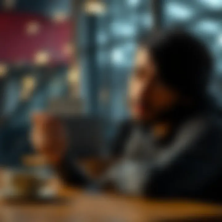 A person looking disappointed while holding a Curve card with a message indicating it's blocked, sitting at a table with a laptop and coffee in the background.
