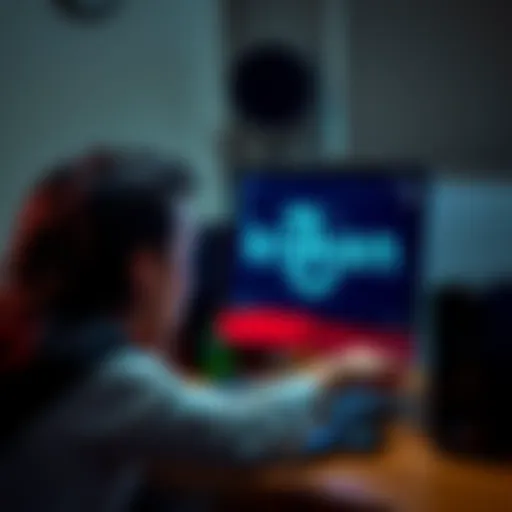 A person with a concerned expression, sitting at a desk, staring at a computer screen displaying the Kraken logo, symbolizing worries about account issues.