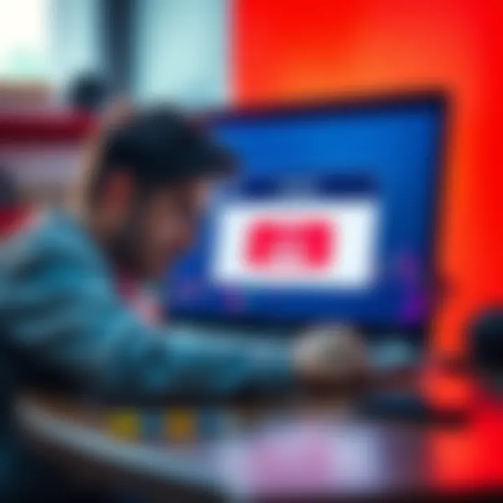 A user sitting at a desk, looking frustrated while trying to log into their Kraken account on a laptop, with a blocked access message displayed on the screen.