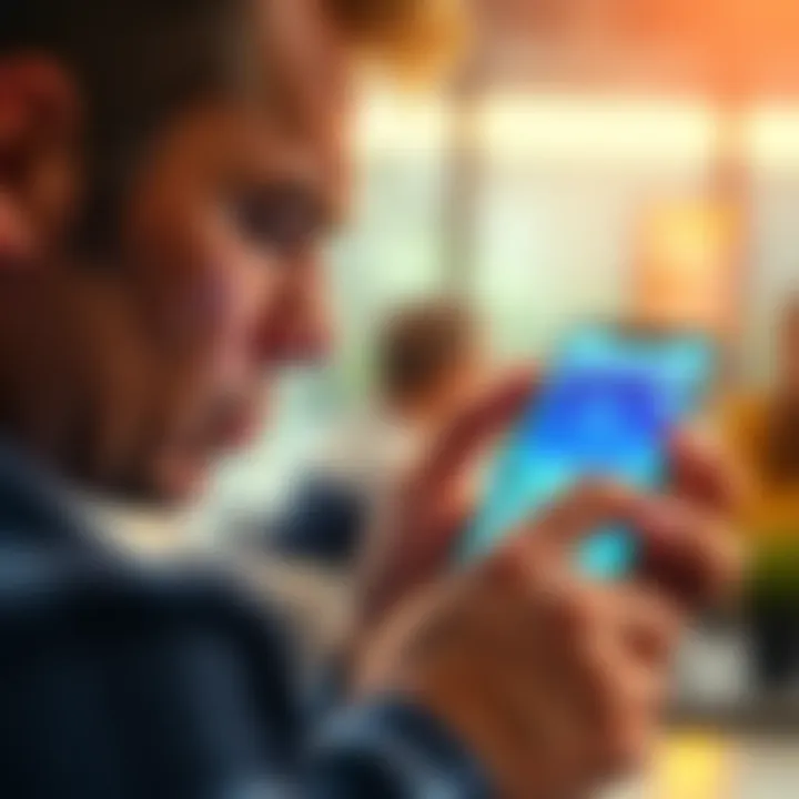 A person showing frustration while using a smartphone displaying the AE app