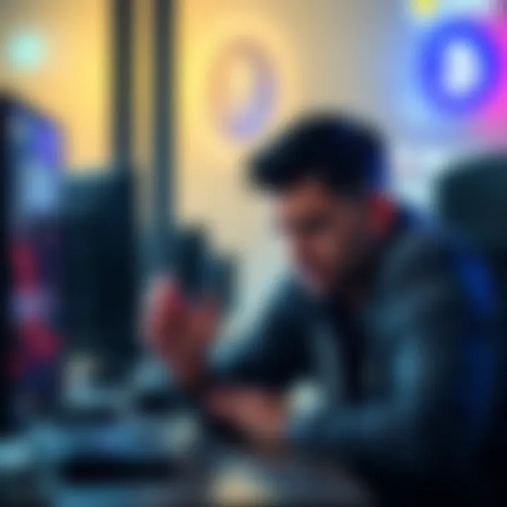 A UK user looks stressed while staring at a computer screen showing a withdrawal issue with a stablecoin account marked on hold. Chatbot responses appear unhelpful and frustrating.