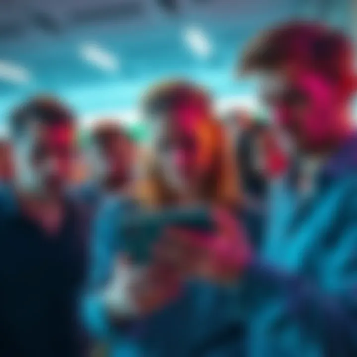 Group of upset people looking at a smartphone showing a currency converter app gone missing