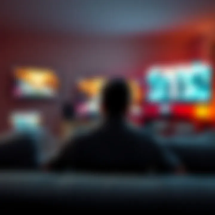 A person sitting on a couch, looking annoyed while watching TV, with multiple advertisement screens visible.