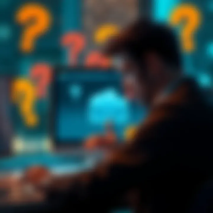 A frustrated person looking at a computer screen with an empty wallet graphic, surrounded by question marks about missing funds from Kraken.