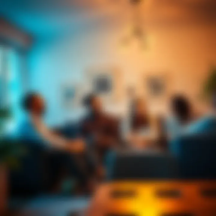 A group of friends laughing together in a living room as they share funny stories about daily life.