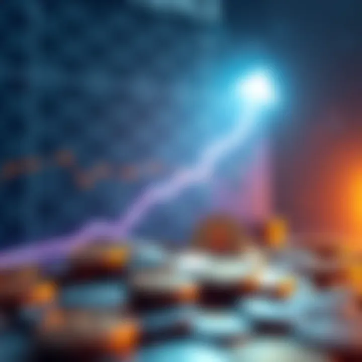 A graph showing fluctuating trends of memecoins and altcoins, with a bright upward arrow indicating potential growth, against a backdrop of digital currency symbols.