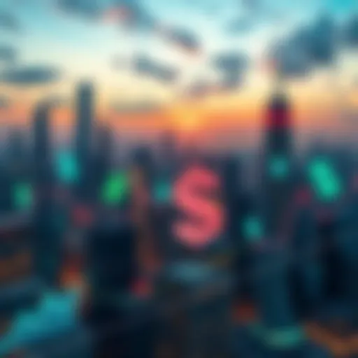 A futuristic city skyline with digital money symbols and investment charts representing the evolution of finance in 2026.