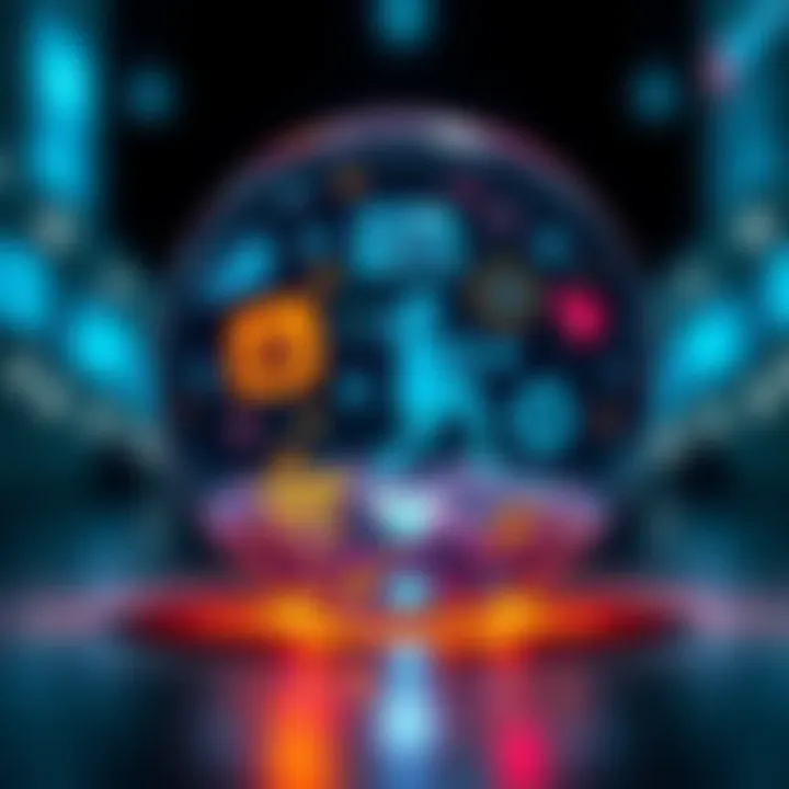 A crystal ball reflecting various icons representing technology, environment, and society, symbolizing future trends and developments.