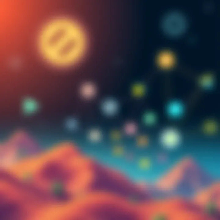 Illustration showing a digital landscape with logos of various blockchain projects connected by Hedera technology lines, symbolizing collaboration and innovation in the crypto space.