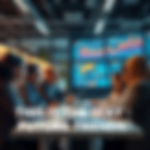 A group of diverse people discussing future trends in a modern workspace, with digital screens showing graphs and technology.