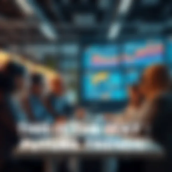 Future Trends Concept A group of diverse people discussing future trends in a modern workspace, with digital screens showing graphs and technology.