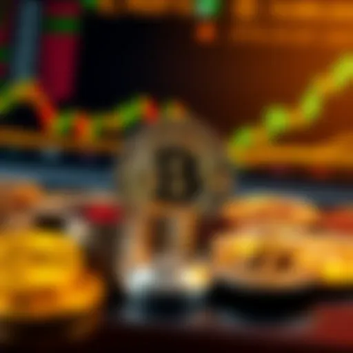 A graphic showing Bitcoin symbols and various cryptocurrency coins with a changing financial chart in the background.