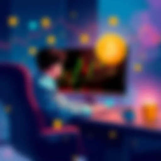 An illustration showing a person trading futures on a computer without KYC verification, surrounded by digital currency symbols and market graphs.