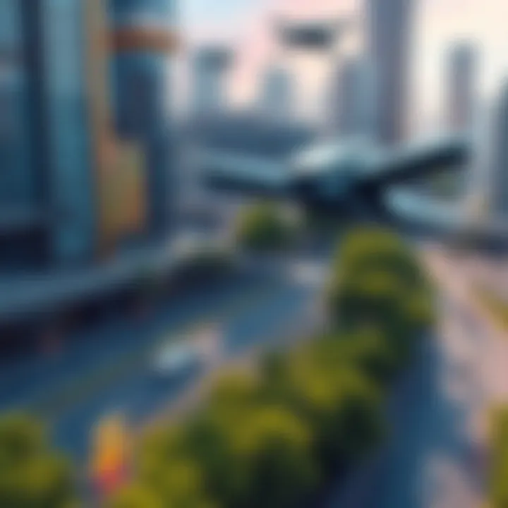 A vibrant city scene showcasing innovative transportation methods like flying cars and pedestrians moving freely in green spaces, illustrating a life without roads.