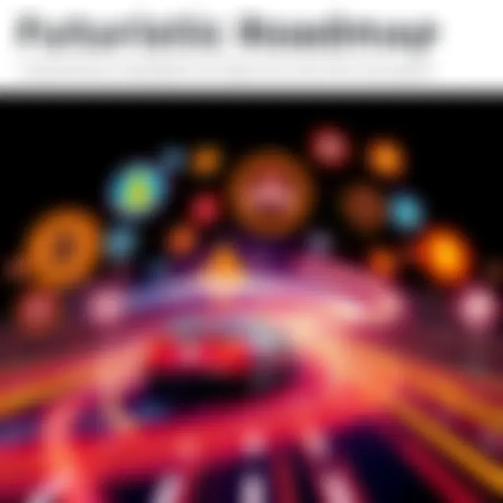 A visual representation of a futuristic roadmap with symbols for progress and growth in a technology ecosystem