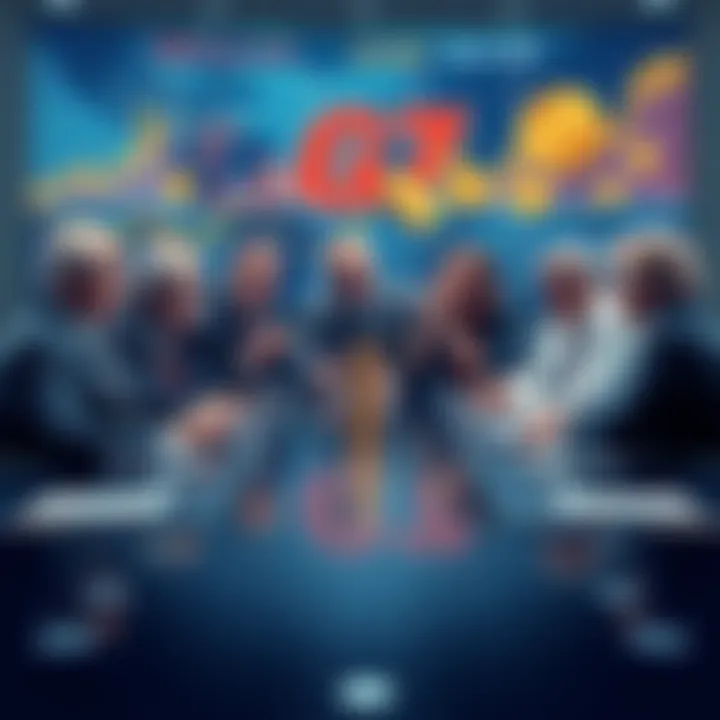 Leaders from G7 nations discussing oil reserves with graphs showing oil prices and cryptocurrency symbols in the background.