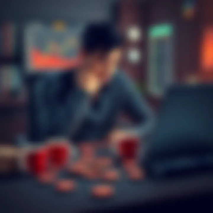 A person sits at a desk looking stressed, with a laptop showing cryptocurrency charts. Empty coffee cups and gambling chips are scattered around, symbolizing the struggle with addiction.