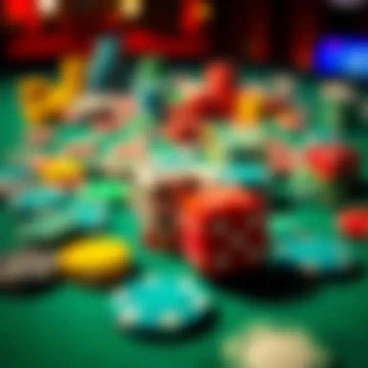 A close-up of colorful gambling chips and dice scattered on a casino table, showcasing the elements of chance in gaming.