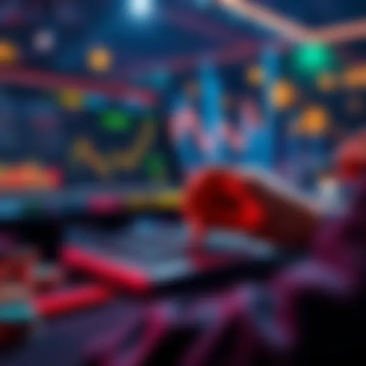 A person placing a bet on a Solana gambling site, with charts and cryptocurrency symbols in the background