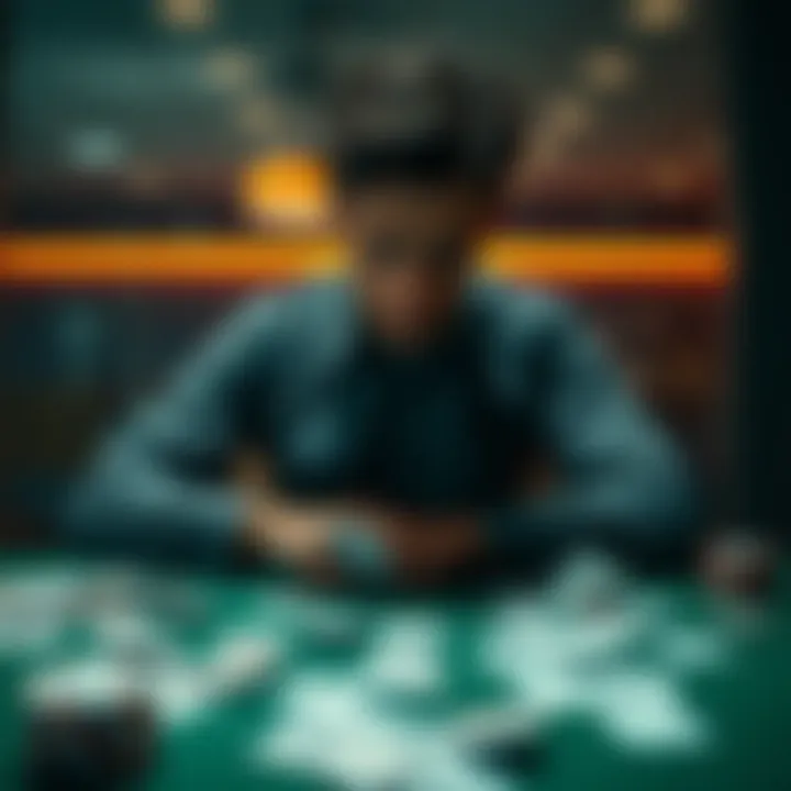 A person sitting at a table with scattered playing cards and a concerned expression, indicating signs of gambling addiction after a loss.