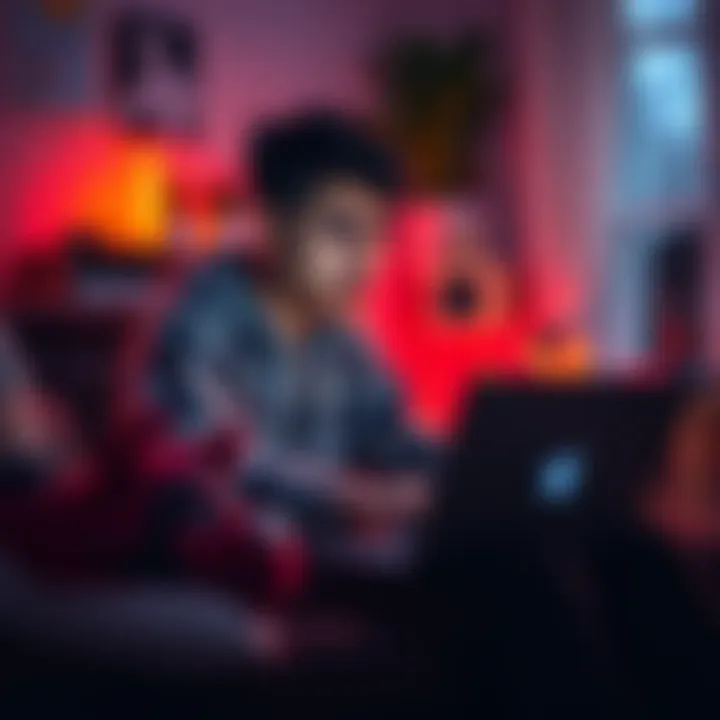 A gamer sitting in a cozy room, looking worried while checking co-op game invites on a laptop.