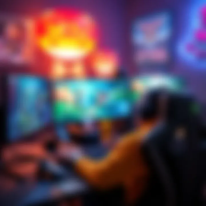 A dedicated gamer at their computer setup with multiple screens showing different games