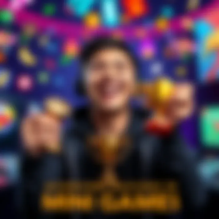 A gamer with a joyful expression holds a trophy and smiles, surrounded by colorful game elements symbolizing mini games