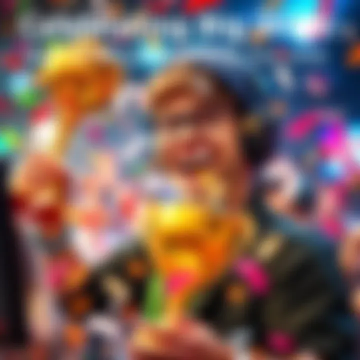 A gamer with a big smile, holding a trophy and surrounded by confetti, celebrating their big wins in gaming.