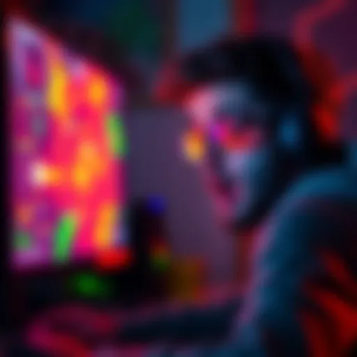 A gamer looks surprised while playing a video game, struggling with colorful visual effects on the screen, highlighting his red/green colorblindness