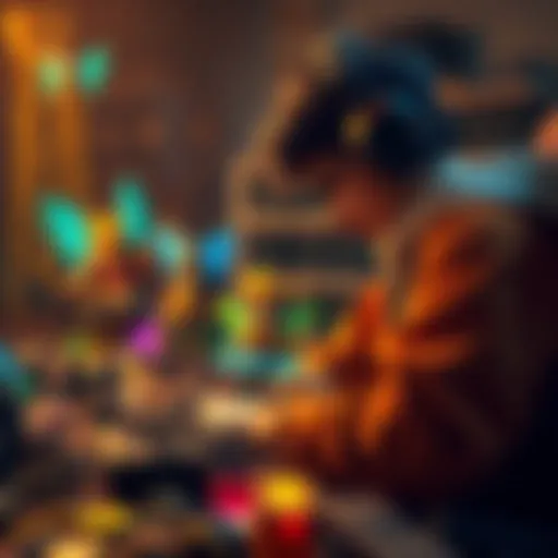 A gamer focuses on creating unique game characters with vibrant designs, surrounded by various crafting resources like essence and tools.