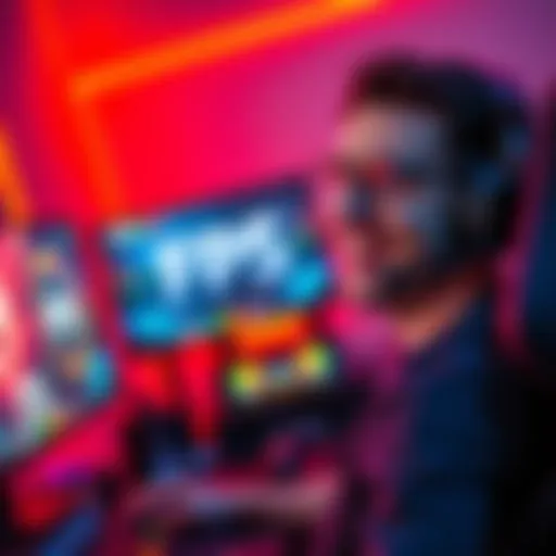 A gamer with a big smile, looking at their gaming setup with a high frame rate on the screen, showing improved graphics performance after a driver update.